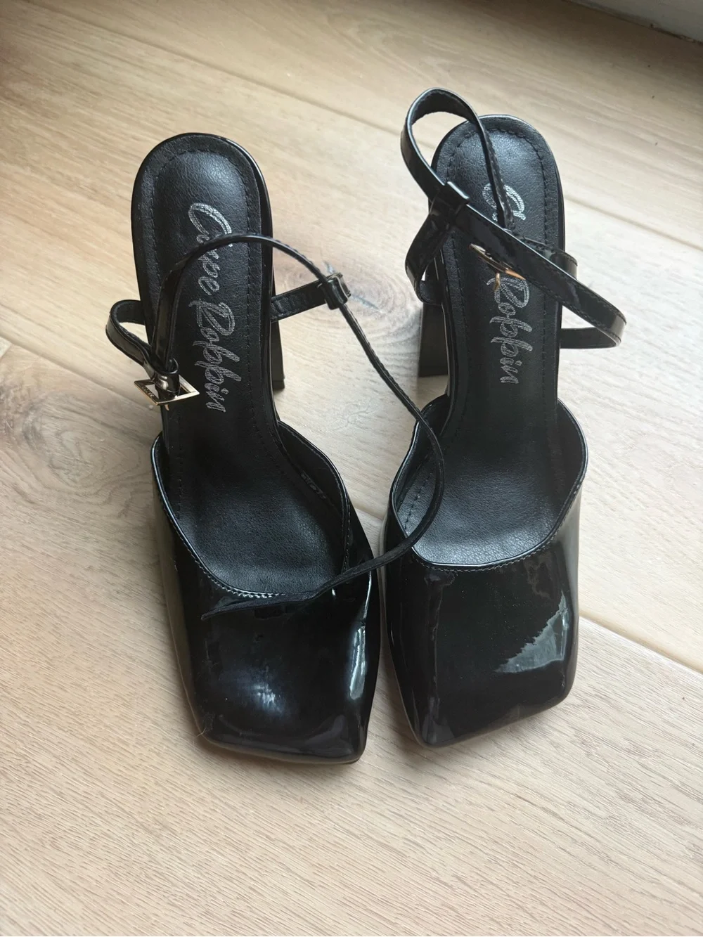 Cape Robbin Mable Black Patent Block Heel Ankle-Strap Pumps square toe